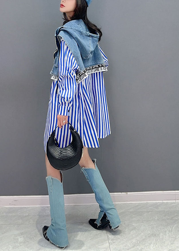 Style Blue Striped Patchwork False Two Pieces Denim Hoodies Outwear Long Sleeve