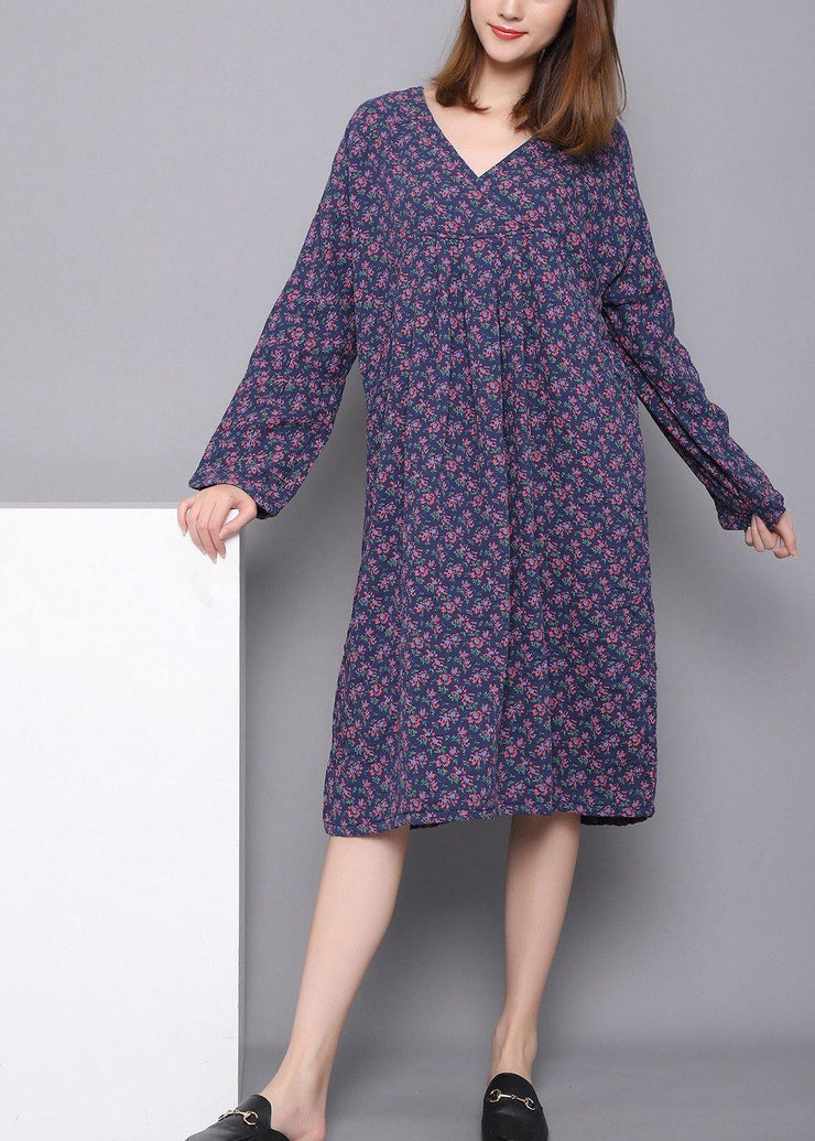 Style Blue V Neck Dress Print Spring Maxi Dress - SooLinen