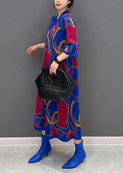 Style Blue V Neck Oriental Button Print Long Dress Half Sleeve