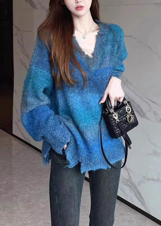 Style Blue V Neck Patchwork Cozy Warm Knit Sweater Fall