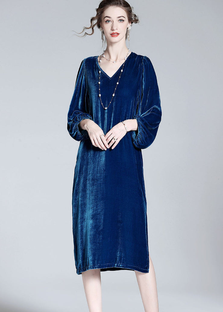 Style Blue V Neck Patchwork Wrinkled Silk Velour Dresses Spring