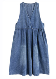 Style Blue V Neck Wrinkled Patchwork Denim Long Dress Fall