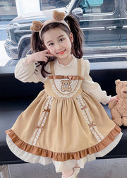 Style Brown Bow Ruffled Patchwork Cotton Girls Two Pieces Set Fall