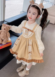Style Brown Bow Ruffled Patchwork Cotton Girls Two Pieces Set Fall