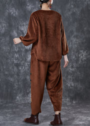 Style Brown Oversized Patchwork Corduroy Two Piece Suit Set Spring