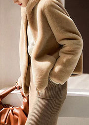Style Camel Hooded Pockets Patchwork Wool Jacket Winter