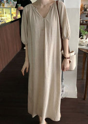 Style Camel V Neck Loose Linen Party Dress Half Sleeve