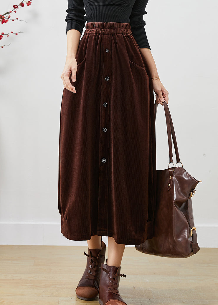 Style Chocolate Elastic Waist Button Corduroy Skirts Fall