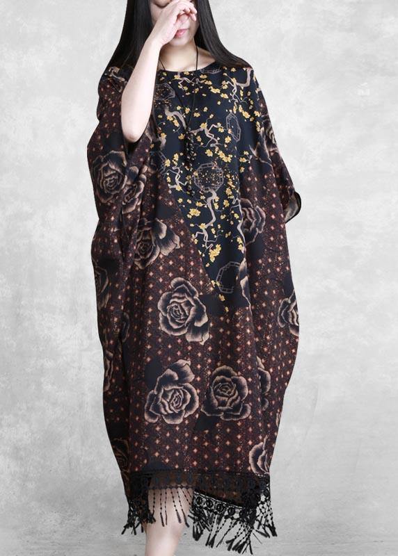 Style Chocolate Print Quilting Clothes O Neck Tassel Plus Size  Spring Dresses - SooLinen