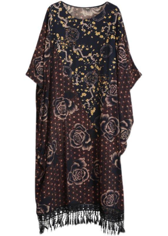 Style Chocolate Print Quilting Clothes O Neck Tassel Plus Size  Spring Dresses - SooLinen
