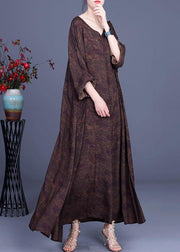 Style Chocolate Print V Neck side open Chiffon Dresses Summer - SooLinen
