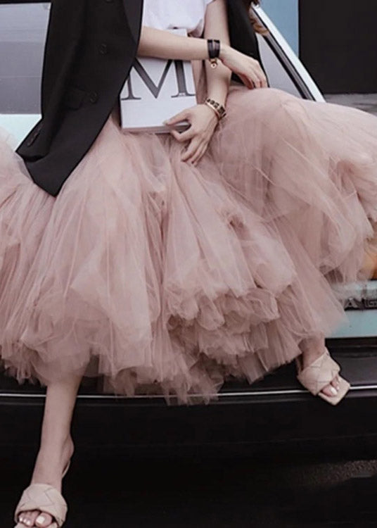 Style Chocolate Apricot Patchwork Tulle Pleated Skirts Spring