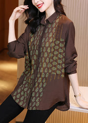 Style Chocolate Colour Peter Pan Collar Print Button Silk Linen Shirts Long Sleeve