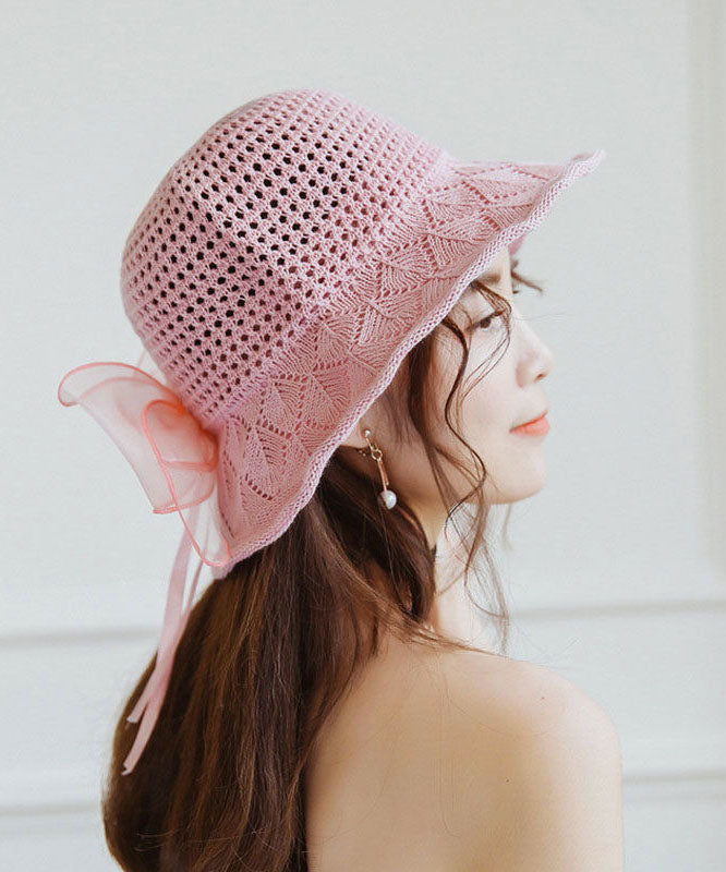 Style Coffee Hollow Out Bow Knit Floppy Sun Hat