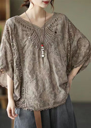Style Coffee Hollow Out Embroideried Cotton T Shirts Tops Summer