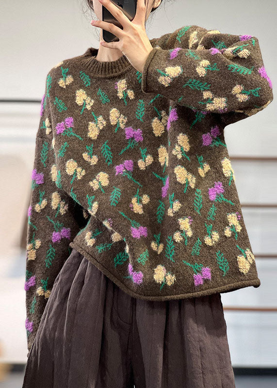 Style Chocolate O-Neck Oversized Thick Jacquard Knit Sweaters Winter