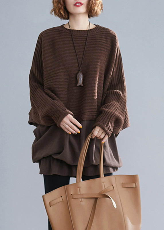 Style Chocolate O-Neck Patchwork Knit Sweaters Batwing Sleeve