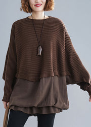 Style Chocolate O-Neck Patchwork Knit Sweaters Batwing Sleeve