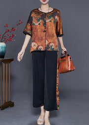 Style Coffee Oversized Patchwork Print Silk Two Pieces Set Summer