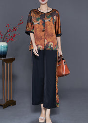 Style Coffee Oversized Patchwork Print Silk Two Pieces Set Summer