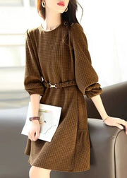 Style Coffee Plaid Patchwor Sashes Mid Dress Fall