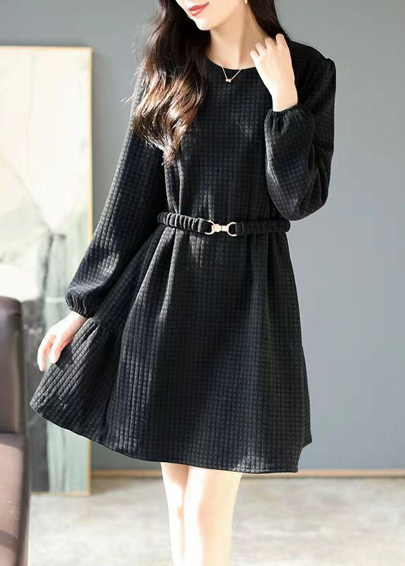Style Coffee Plaid Patchwor Sashes Mid Dress Fall