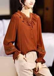 Style Coffee Ruffled Button Patchwork Cotton Blouse Top Fall