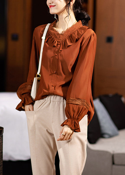 Style Coffee Ruffled Button Patchwork Cotton Blouse Top Fall