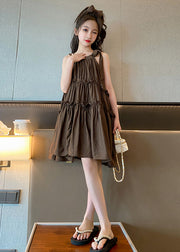 Style Coffee Ruffled Patchwork Solid Slip Mid Dresses Summer