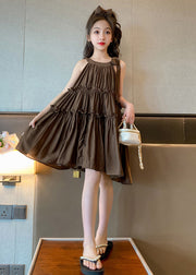 Style Coffee Ruffled Patchwork Solid Slip Mid Dresses Summer