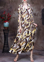 Style Chocolate Yellow V Neck Camouflage Print Silk Holiday Long Dress Short Sleeve