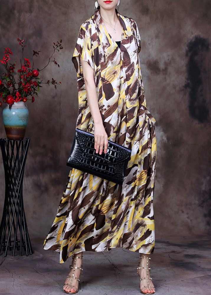 Style Coffee Yellow V-Ausschnitt Camouflage Print Silk Holiday Long Dress Short Sleeve
