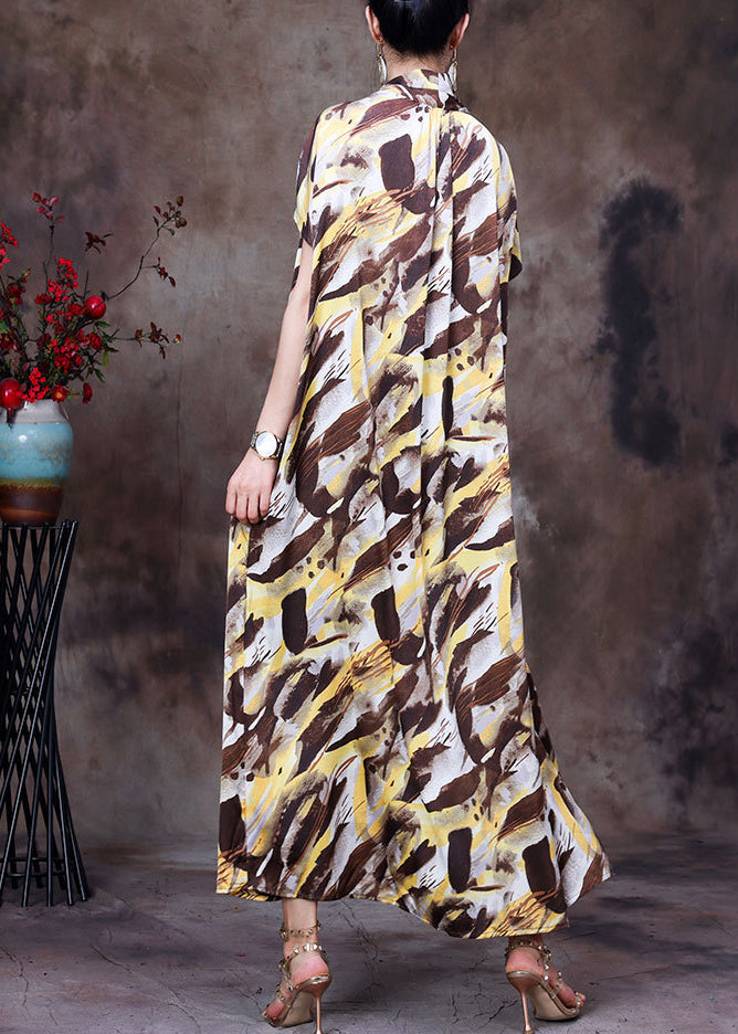Style Chocolate Yellow V Neck Camouflage Print Silk Holiday Long Dress Short Sleeve