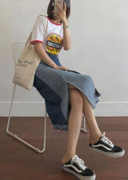 Style Colorblock Asymmetrical Patchwork Tasseled Denim Skirts Summer