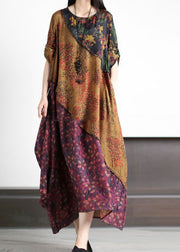 Style Colorblock O Neck Print Asymmetrical Design Patchwork Silk Dress Summer