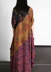Style Colorblock O Neck Print Asymmetrical Design Patchwork Silk Dress Summer