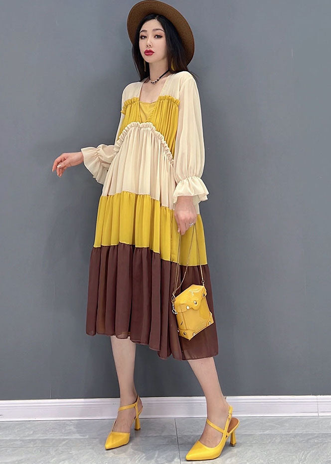 Style Colorblock Patchwork Chiffon Pleated Mid Dresses Long Sleeve