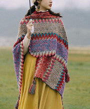 Style Colorblock Tasseled Print Warm Knit Shawl