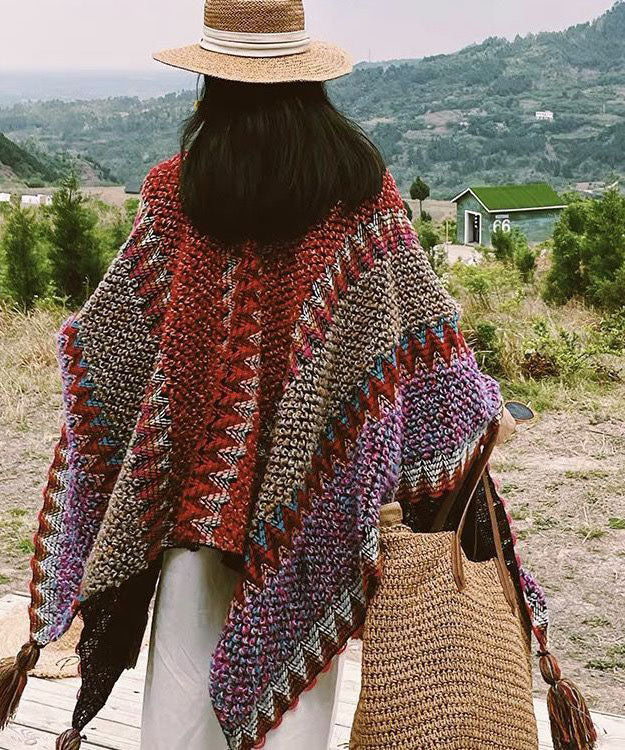 Style Colorblock Tasseled Print Warm Knit Shawl