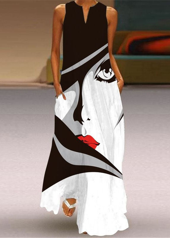 Style Colorblock V Neck Print Chiffon Dress Summer