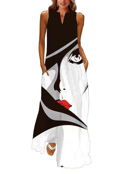Style Colorblock V Neck Print Chiffon Dress Summer