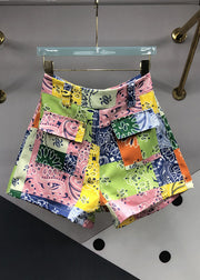 Style Colorblock Zip Up Print Pockets Patchwork Denim Shorts Summer