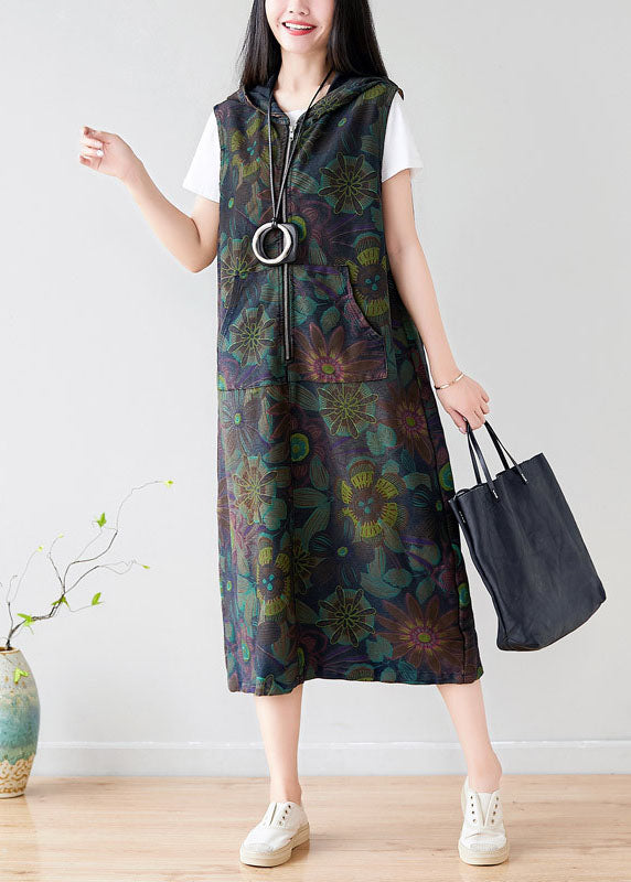 Style Colorblock Zippered Hooded Print Cotton Long Dress Sleeveless