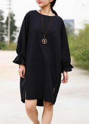 Stil Baumwollkleidung Pakistani O-Ausschnitt Mode Schlitz Schwarzes Kleid Knielang