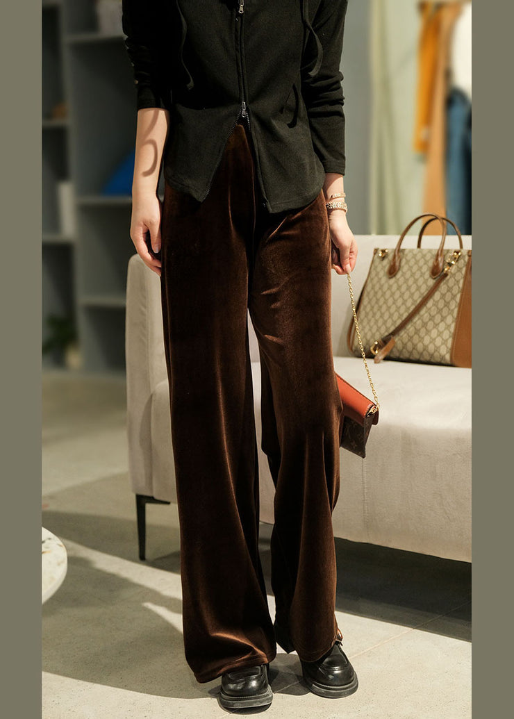 Style Dark Chocolate Elastic Waist Draping Silk Velour Wide Leg Pants Winter