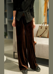 Style Dark Chocolate Elastic Waist Draping Silk Velour Wide Leg Pants Winter
