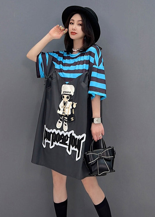 Style Dark Grey O-Neck Cartoon Print Striped Patchwork Dresses Short Sleeve