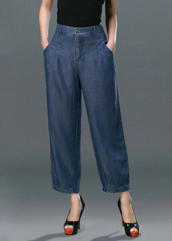Style Denim Blue High Waist Pockets Cotton Crop Pants Summer