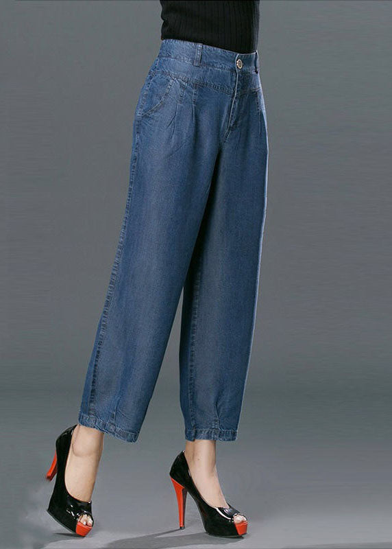 Style Denim Blue Hohe Taillentaschen Baumwolle Crop Pants Sommer