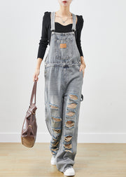 Style Denim Blue Oversized Cotton Ripped Jumpsuit Fall
